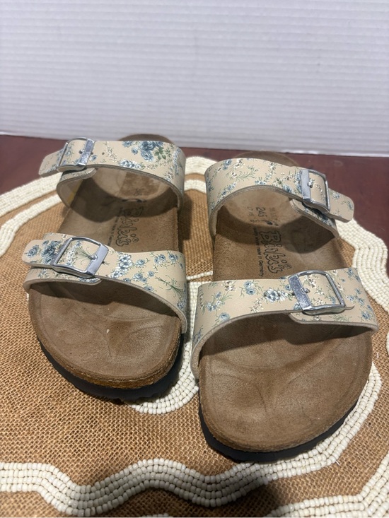 Birkenstock Cream Floral Double-Strap Sandals with Silver Buckles
